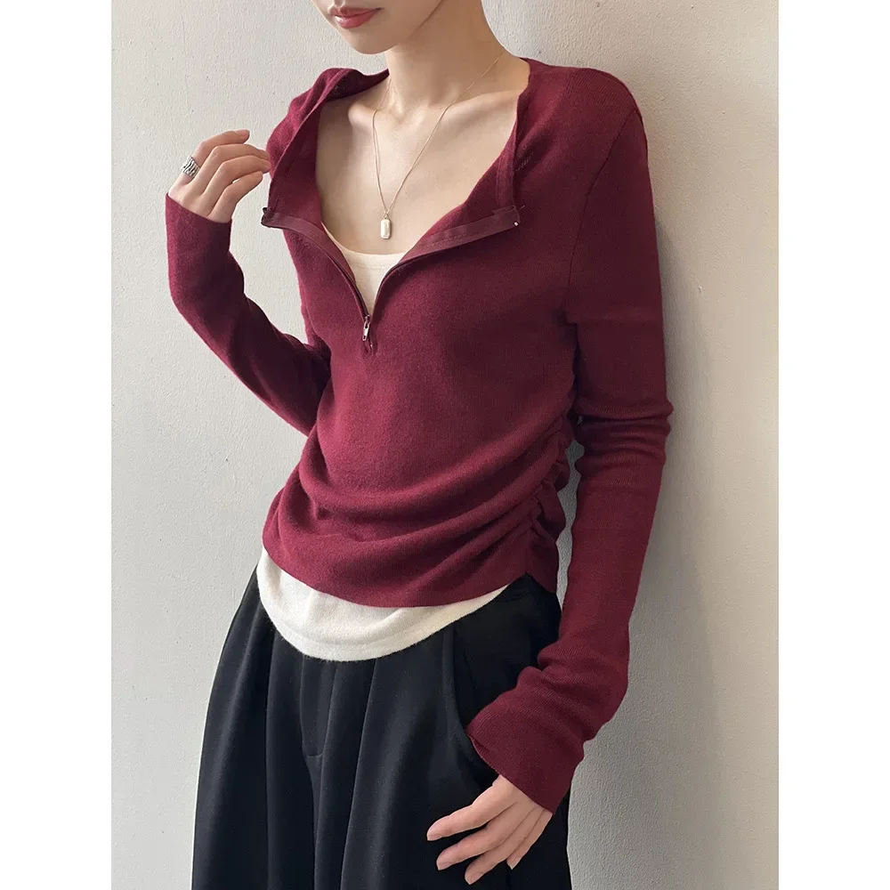 Fake two-piece half-zip pullover T-shirt for women 2024 autumn design bottoming sweater top