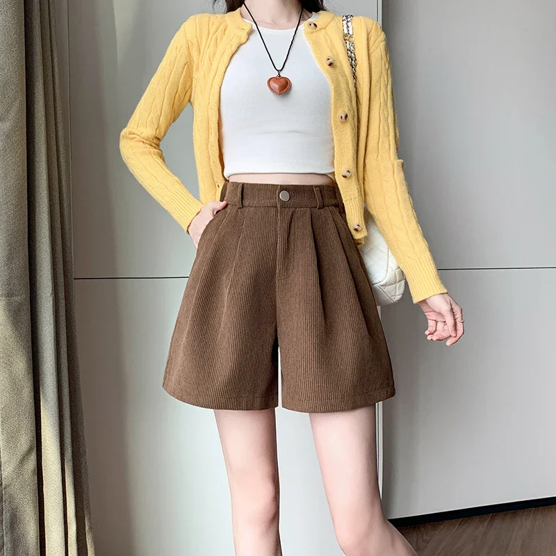 Retro corduroy shorts women's autumn and winter high waisted A-line wide leg casual pants