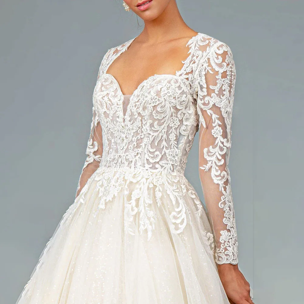 

Customized Lace Long Sleeves Square Collar Wedding Dress Skirt Plus Size A-line Floor Length Pleat Marry Dress with Floral Print