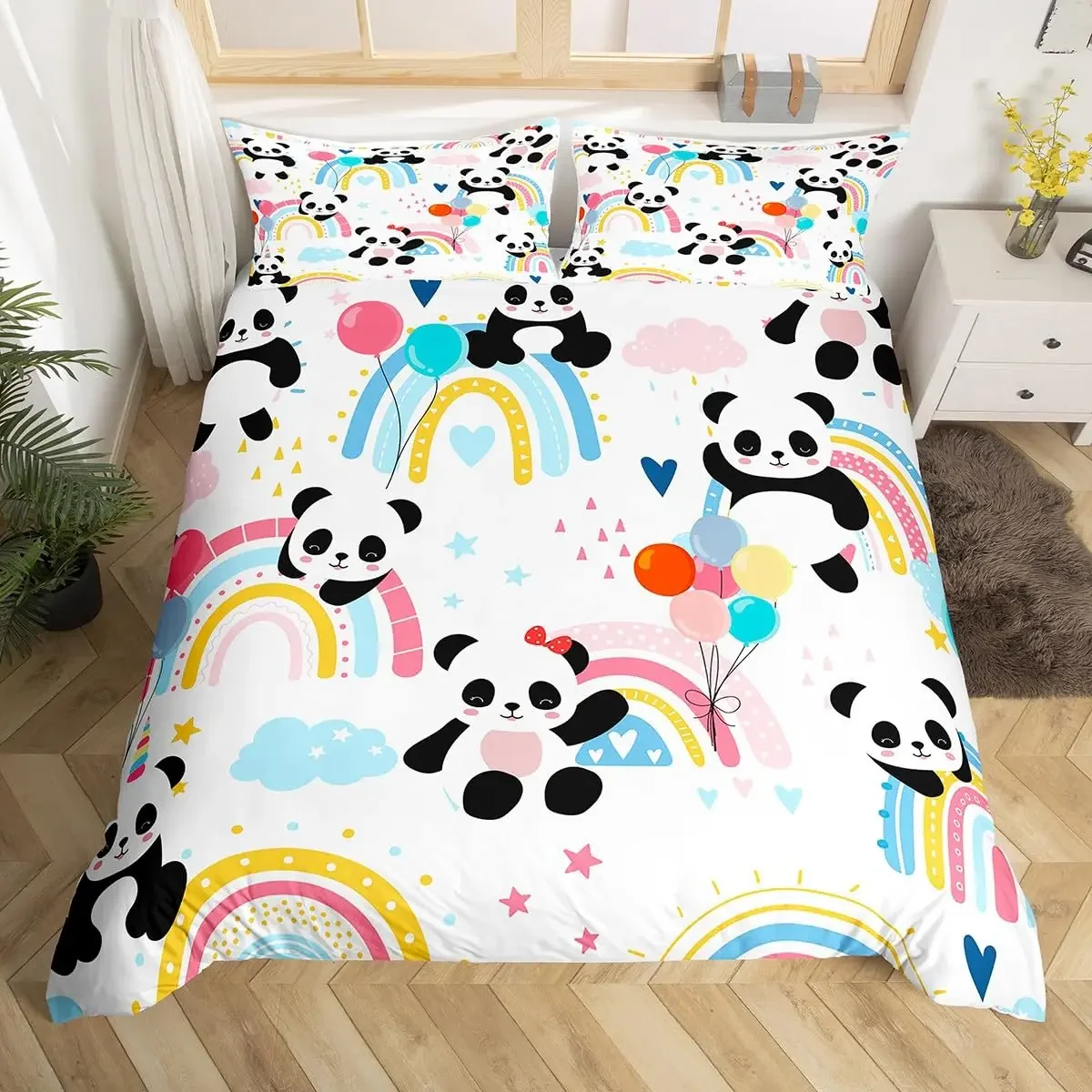 Pink Love Stars Bedding Set Kawaii Cartoon Animals Comforter Cover Girly Sweet Quilt Cover Cute Red Panda Duvet Cover King Size