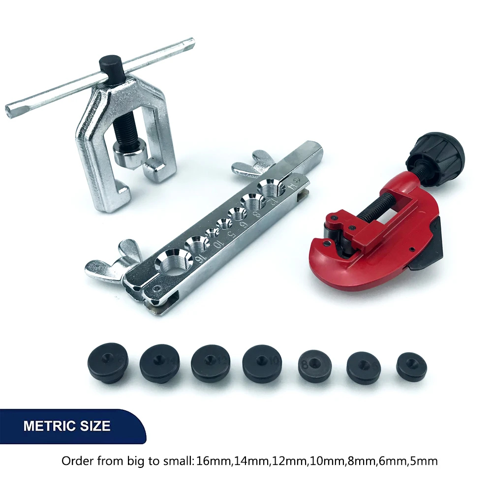 2025 9 Uds Kit de herramientas de abocardado de doble tubo, doblador de tubos, reparación de tuberías, mecánico, freno, fontanero, aluminio, cobre, latón, juego de herramientas de bengalas