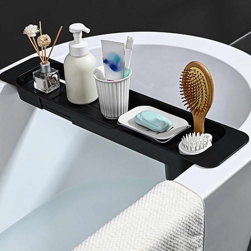 

Collapsible Bathtub Rack Tray Accessories Shelf Black Plastic Retractable Bathroom