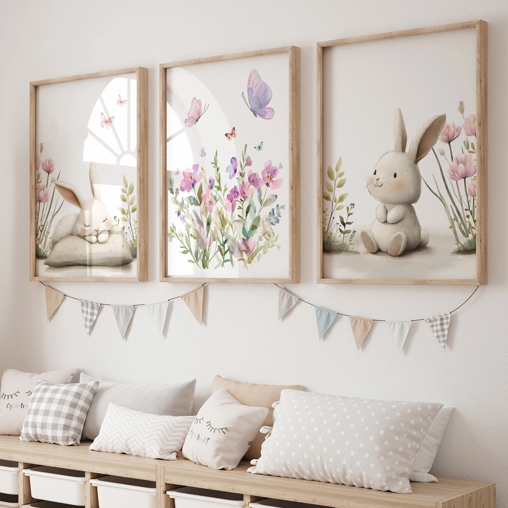 3 stücke Cartoon Kinder Kaninchen Blume Schmetterling Wand Kunstdrucke Leinwand Malerei Poster Bild Für Wohnzimmer Wohnkultur