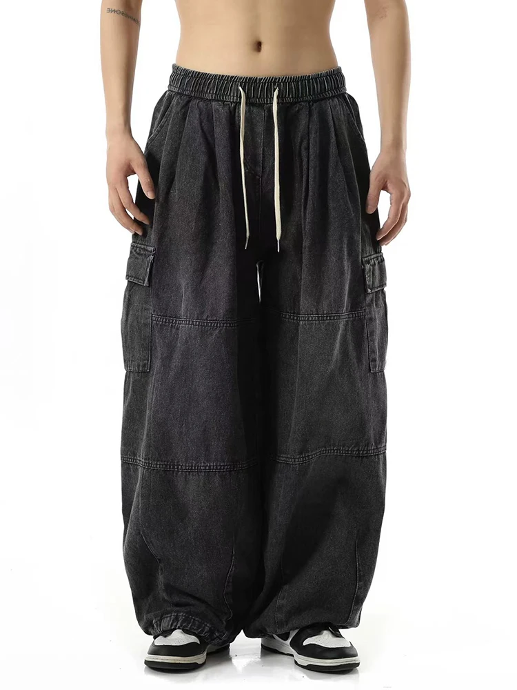 

3XL Oversize Черные джинсы-карго для мужчин Y2K Уличная одежда с высокой талией Свободные широкие брюки Bf Свободные джинсовые брюки с завязками в стиле хип-хоп