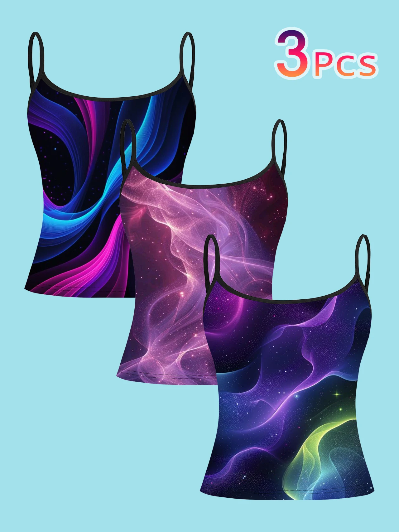 3-Piece Set of Women's Shimmering Ribbon Starry Sky Wave Print Camisole, Cyber Style Colorful Satin Nebula Slim-Fit Spaghetti Strap Sleeveless Base Top