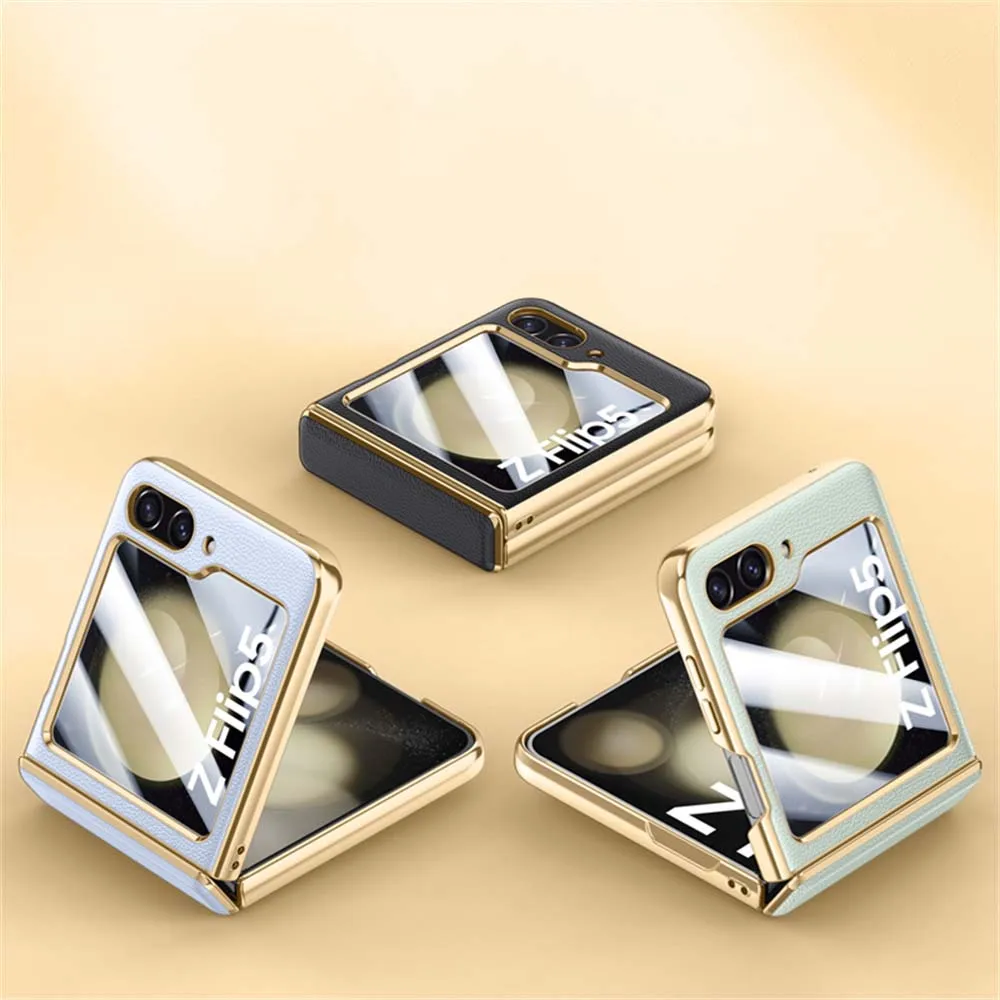 삼성 갤럭시 Z플립 5 6 고급 도금 순수 가죽 힌지 폰 케이스 삼성 Z 플립5 플립 6 렌즈 보호 백 커버