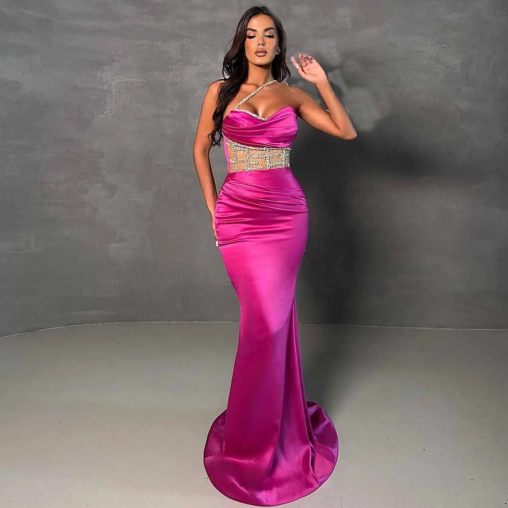 Sexy Evening Dresses Saudi Arabia Satin Mermaid/Trumpet Dresses for Special Events Fuchsia Sweetheart Rhinestones Prom Gown Long