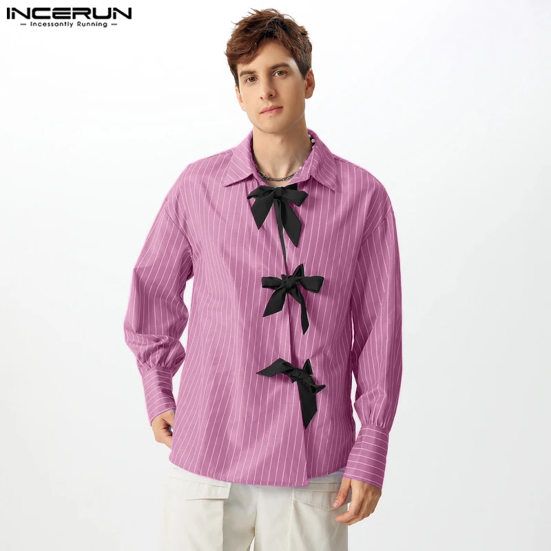 2024 Irregular Flap Stripes Splicing Shirts INCERUN Men Casual Long Sleeve Tops Elegant Lapel Collar Bow Bindings Commuting Tees