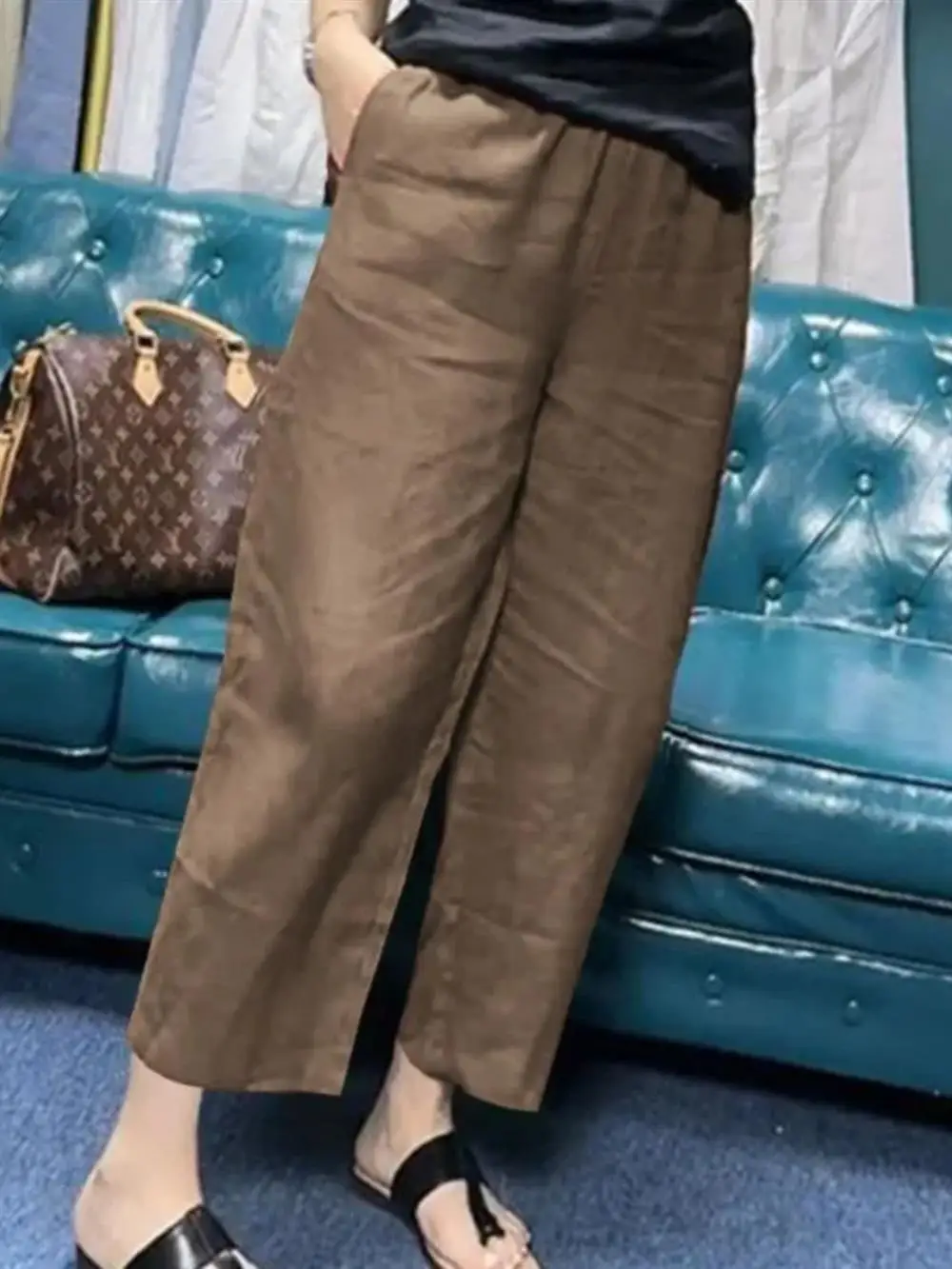 بنطلون صيفي واسع الساق بخصر مرتفع وفضفاض من القطن والكتان، بنطلون نسائي بطول ثلاثة أرباع من الحرير الصناعي والقطن والكتان بتص...