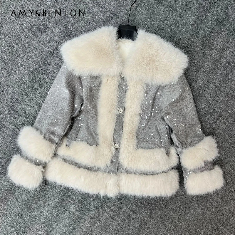 الصناعة الثقيلة الترتر المرقعة سميكة مريحة معطف فروي للنساء 2025 شتاء جديد لينة فو الثعلب الفراء سترة قطن