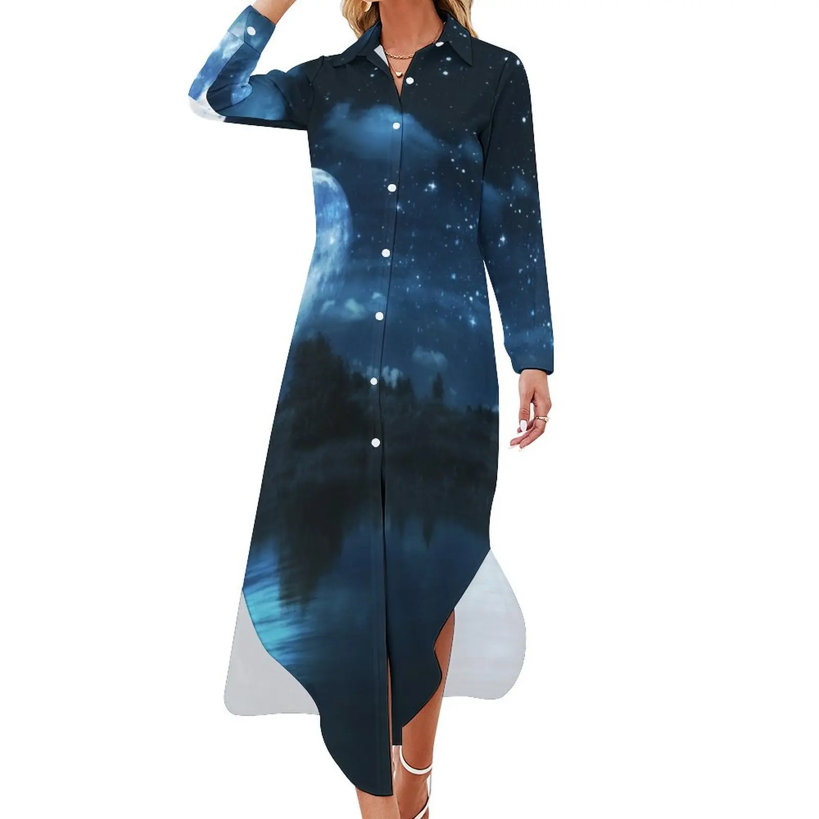 

Full moon over river Long Sleeved Shirt Dress chic and elegant woman dress Prom gown Casual dresses evening dresses ladies