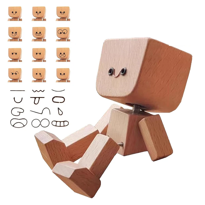Shaking Wooden Man Figurine, Charming Little Wooden Figure That Sways With 12PCS Magnetic Expressions