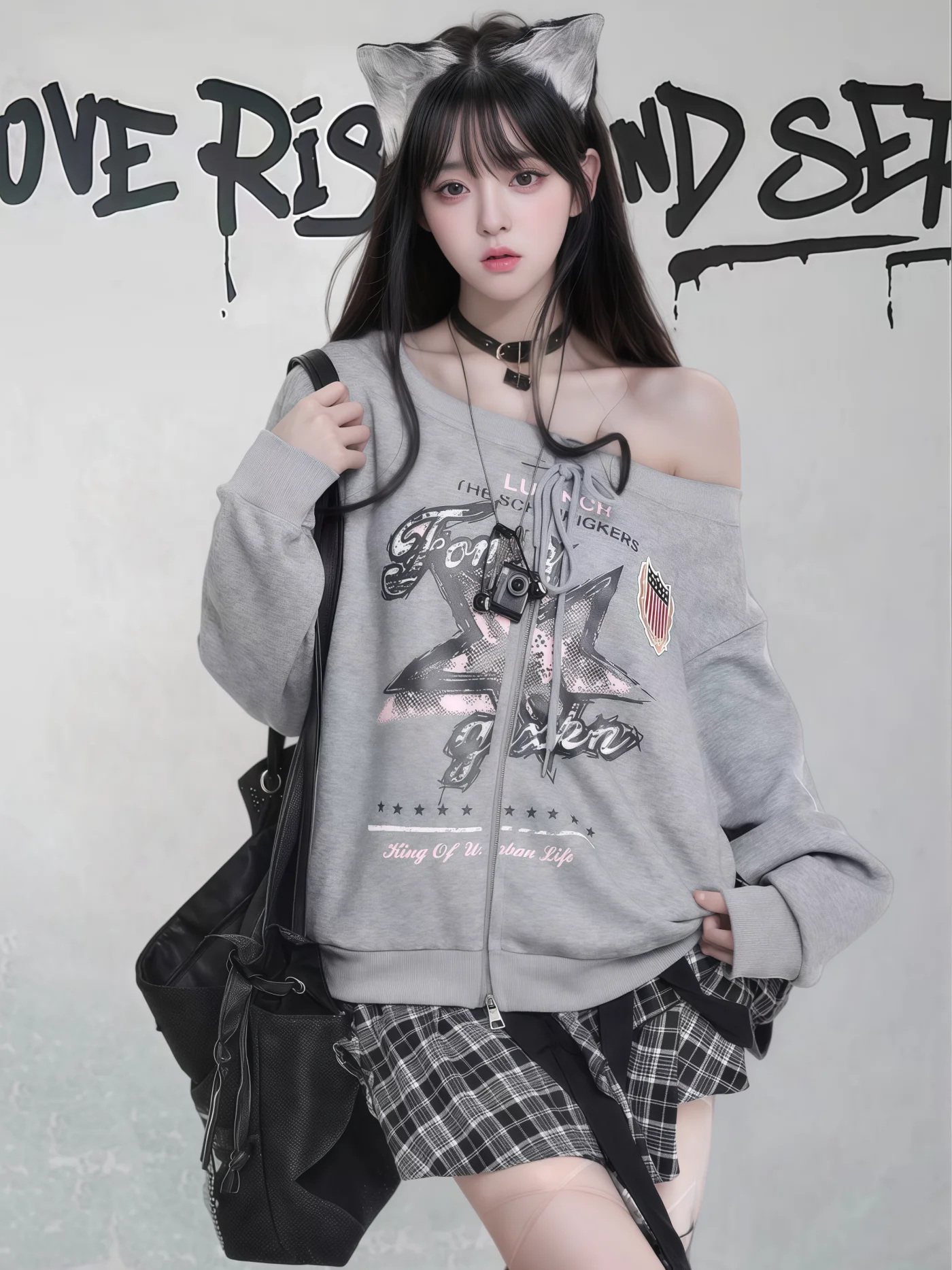 American Preppy Style Retro Star Print Off-Shoulder Long Sleeve Sweatshirt Lazy Loose Casual Lace-up Zipper Jacket Women Autumn