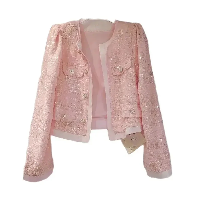 

Cardigan Sequined Coat Women 2024 Spring Autumn Long Sleeve Fashion Pink Sequined Jacket Pocket Outwear Sunscreen Top Female