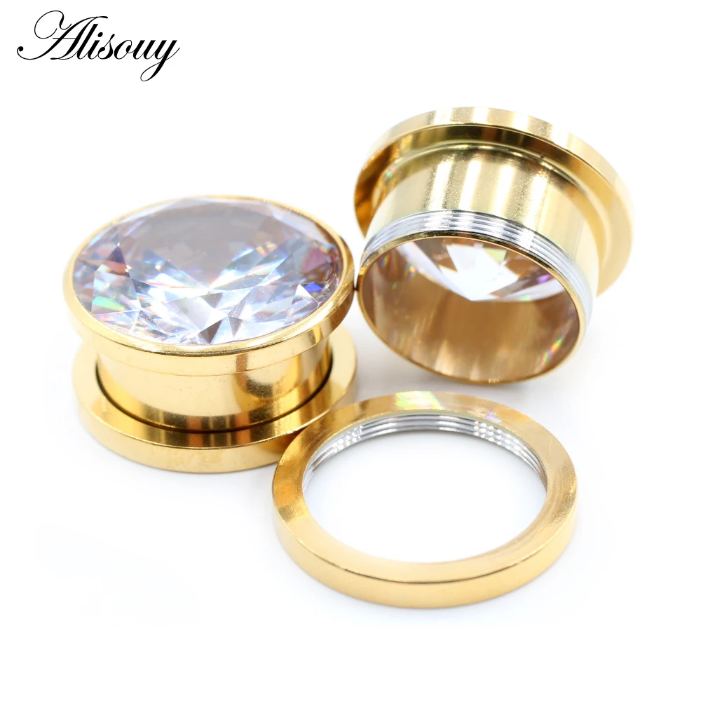 Alisouy 2PC Double Flared Ear Plug Tunnel Stainless Steel Screw Back Colorful Zirconia Earrings Gauges Expander Piercing Jewelry