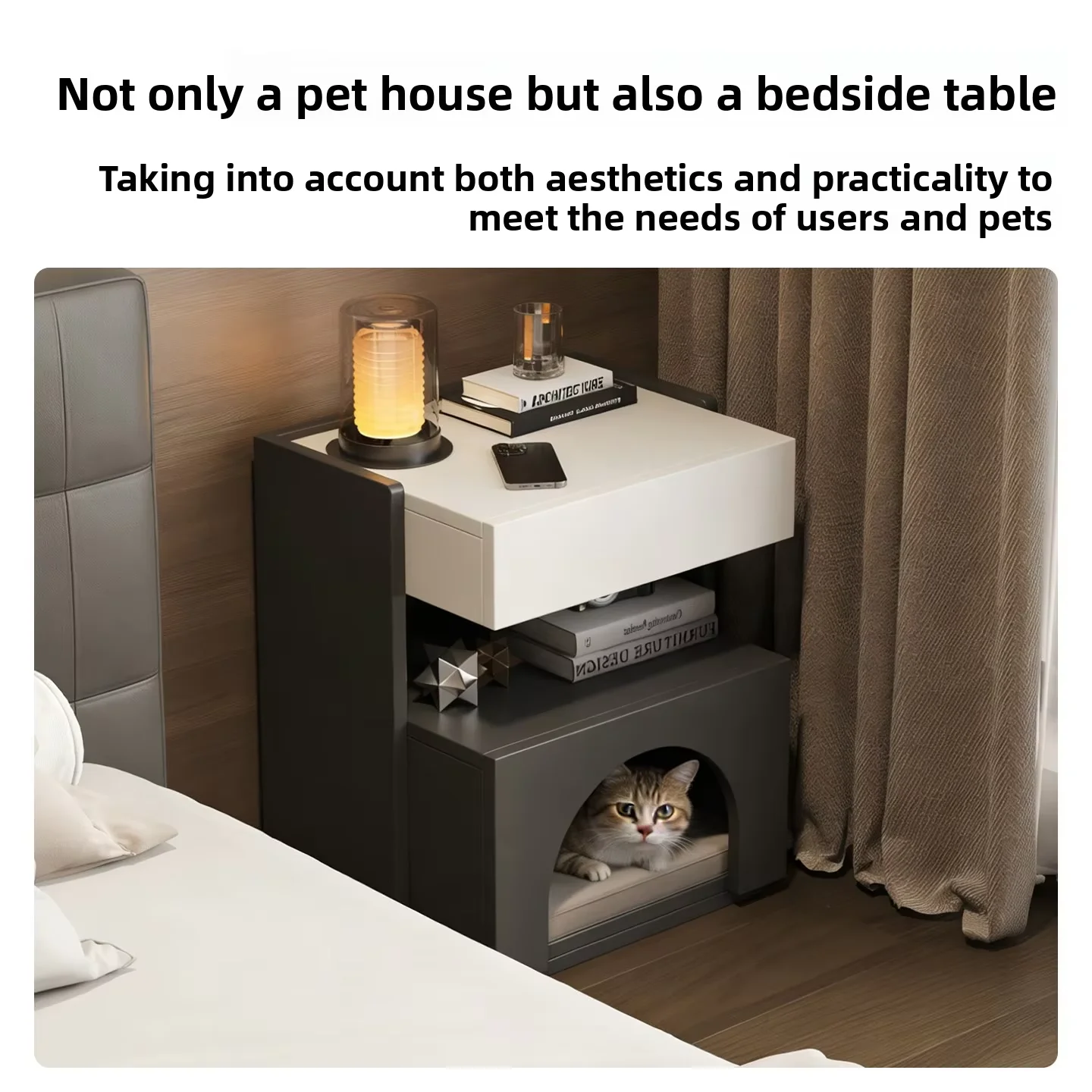 Solid Wood Cat Nest Bedside Table Italian Style Light Luxury Bedroom Multifunctional Pet Cabinet with 1 Drawer Storage Locker