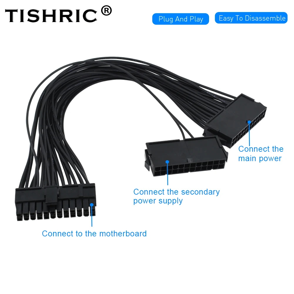 TISHRIC 30CM Dual PSU ATX 24Pin Power Supply Synchronizer Male to Female ATX Mining Supply Sync Starter ADD2PSU Riser For GPU