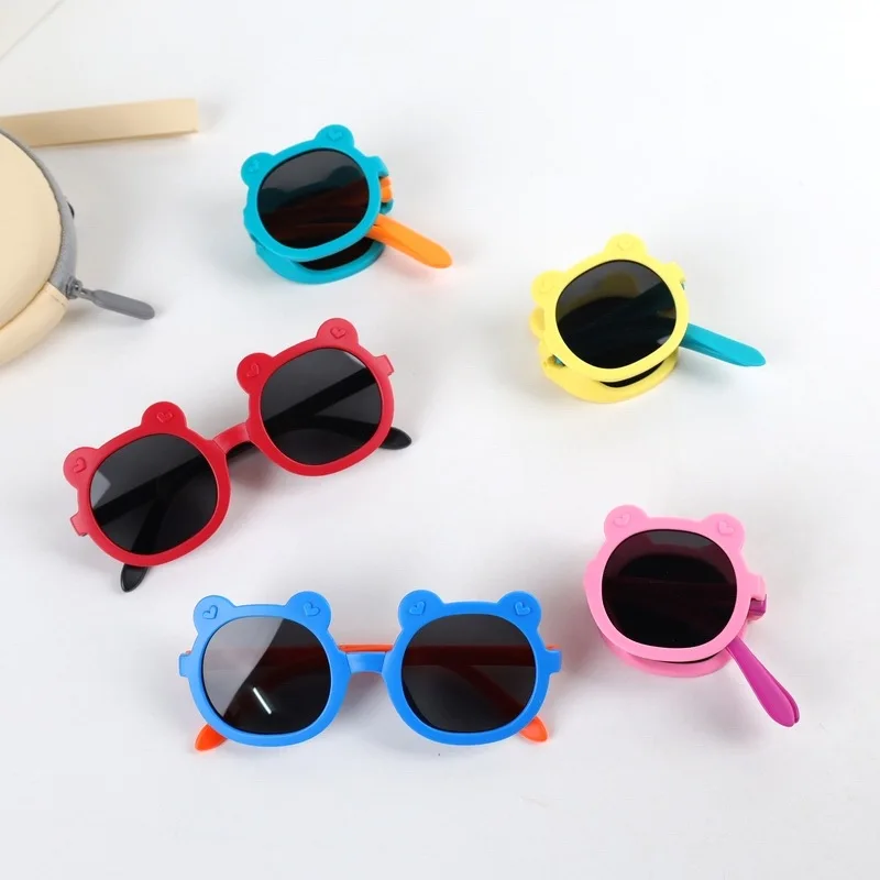 Little Bear Children Fold Sunglasses Cartoon Frosted Small Ears Kids Round Frame Glasses Baby Sun Glasses UV Protection Eyewear