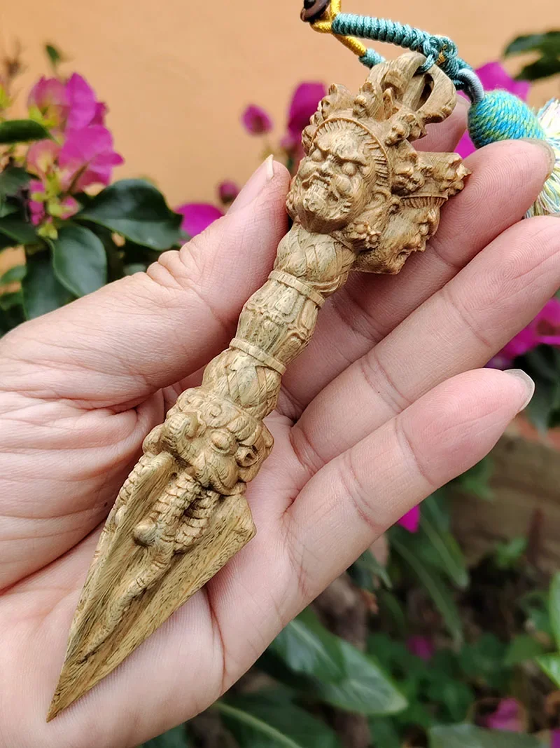 15X3.6X3.6 CM Vajra Pestle Green Sandalwood Sculpture Wood Carving Gada Mallet Statue Buddha