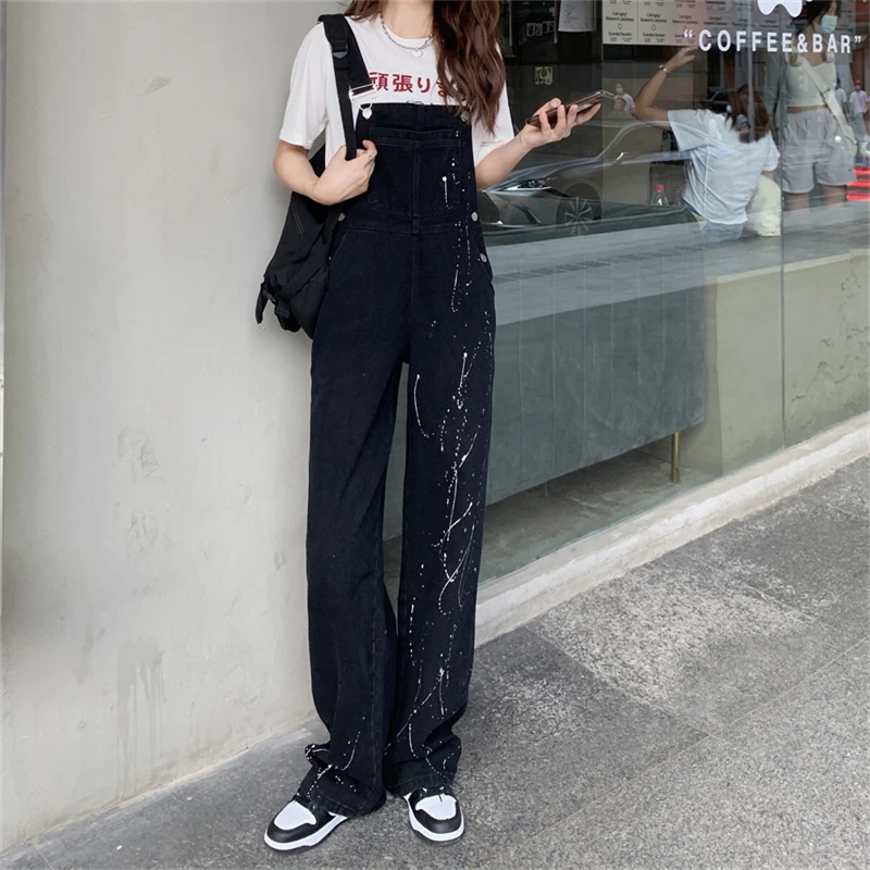 

Elegant High Waist Denim Overalls Women's Spring Autumn New Style Ink Splashed Denim Shoulder Strap Pants Slimming Effect