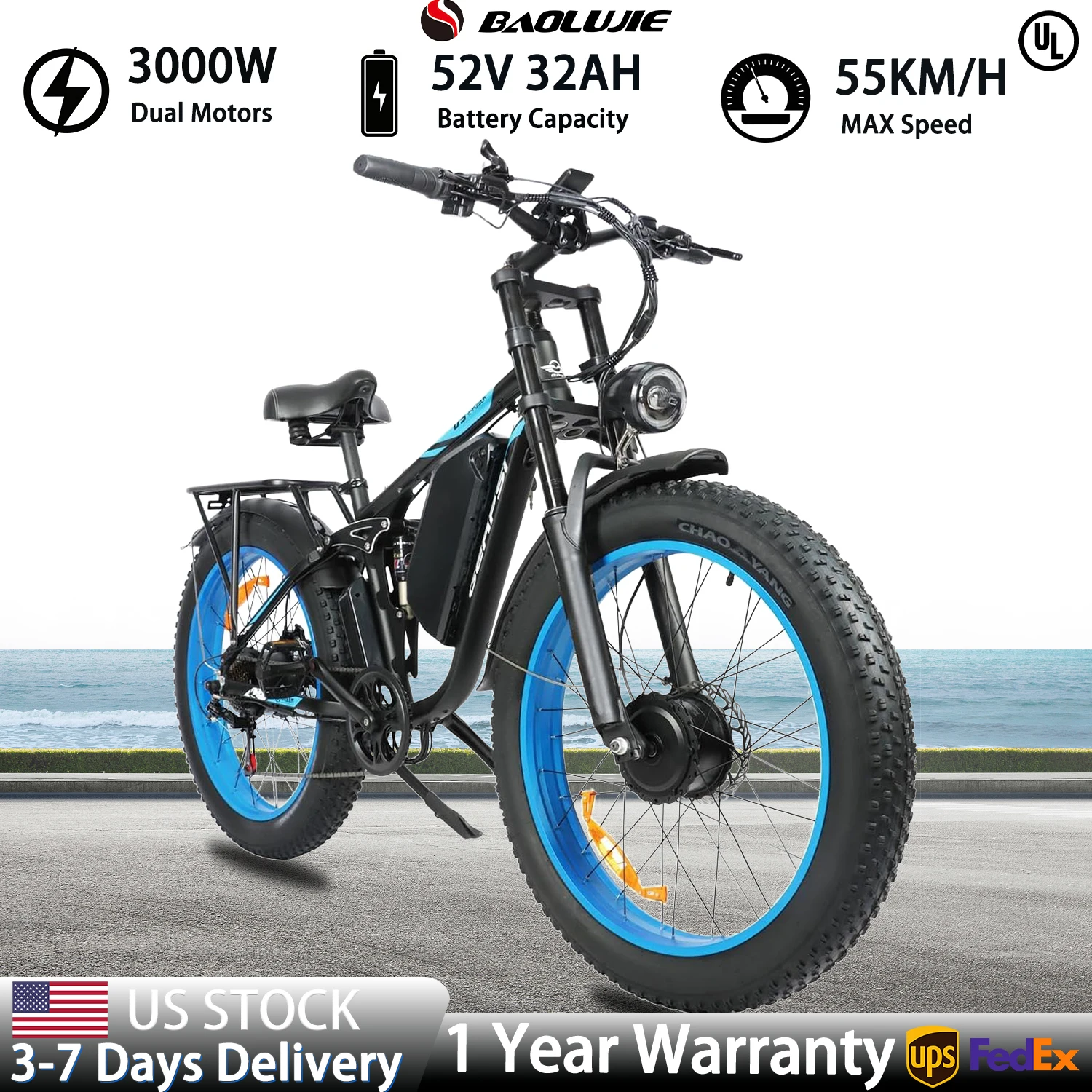 

【1 Year Warranty】BAOLUJIE 2603 3000W Electric Bike,52V32AH Battery, 35MPH, 26''X4" Fat Tire, 7-Speed E-Bike with Dual Disc Brake