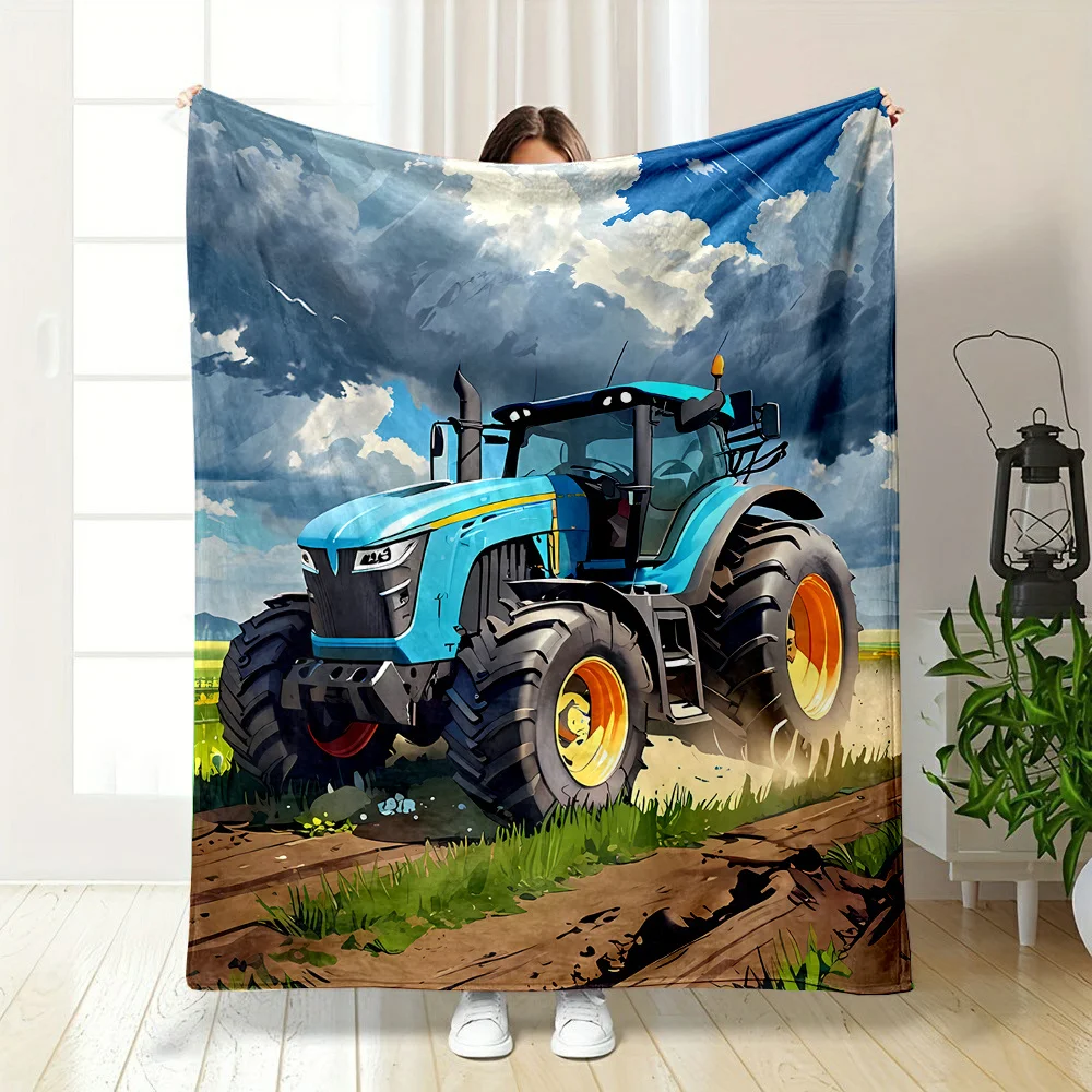 Tractor Blanket Throw Cozy Farm Life Picnic Blanket Blue Diesel Machinery Art Couch Decor Waterproof 150x200cm