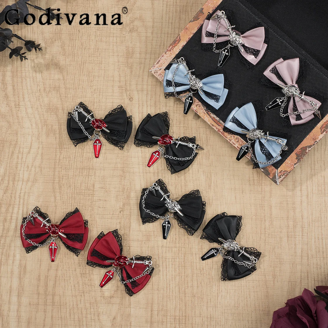 Original Mine Japanese Cross Chain Lace Bow Lolita Hair Clip Gothic Sweet Cute Elegant All-Match Fashion Hairpin Women Bobby Pin