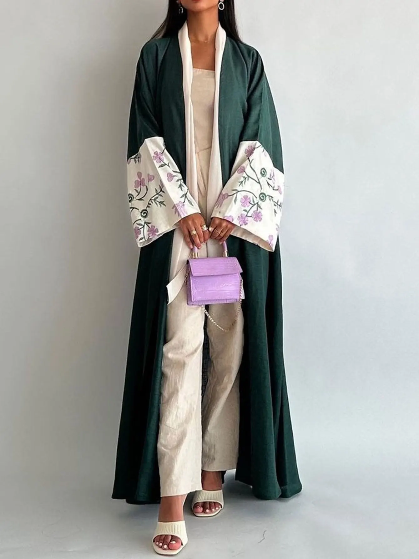 

Весенняя мода, свежая цветочная вышивка, мусульманская открытая Абая для женщин, кардиган, халат, длинные платья, Рамадан, Vestidos, Марокко, Дубай