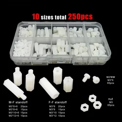 250pcs/box M3 White Plastic Nylon Insulated Hex Standoff Hexagon Pillar Spacer Column Screw Nut Mix Size Assortment Kit Set