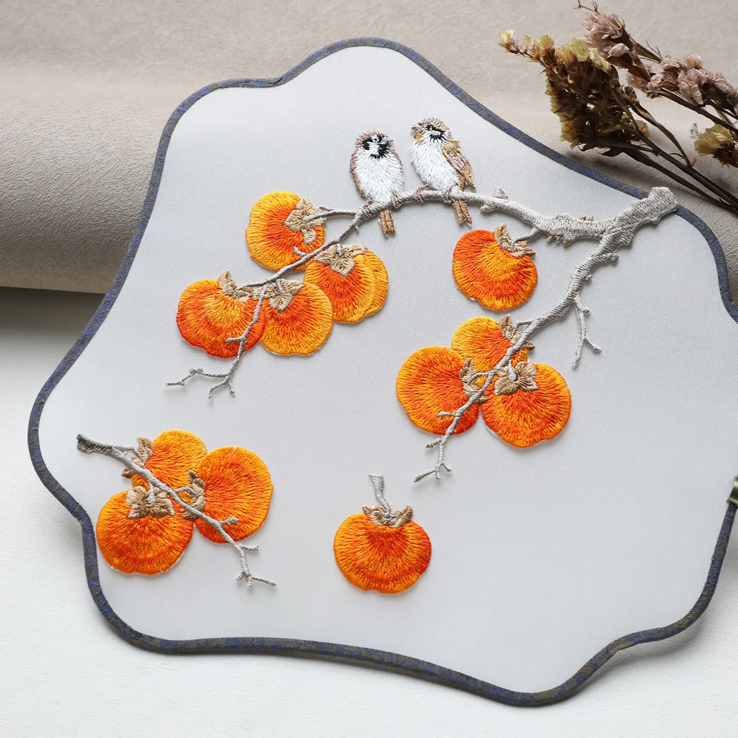Наклейки-аппликации для одежды с вышивкой в виде птиц и хурмы оранжевого цвета, термоклеевые, для пришивания к ткани
