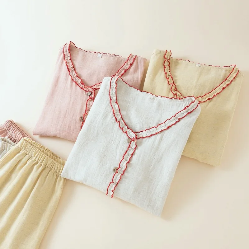 

2025 Solid Color Lyocell Cotton and Linen Home Pajamas Women's Autumn Long-sleeved Trousers Thin Home Clothes V-Neck 2 Piece Set