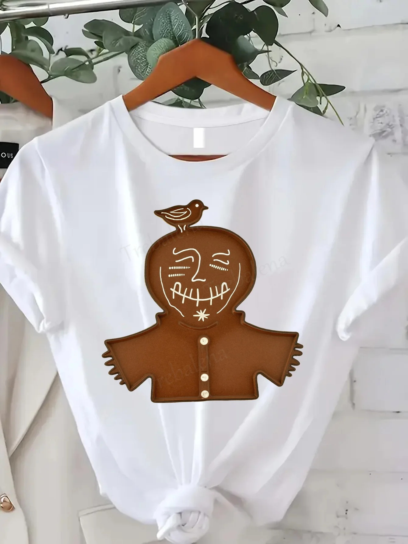 

Удобная женская футболка с принтом. Симпатичная футболка с пряничным человечком с птицей, стилем Хэллоуина и Рождества, женская повседневная футболка.