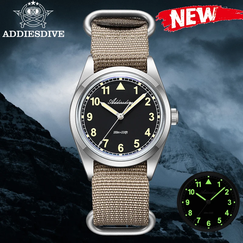 

ADDIESDIVE Quartz Watches VH31 Movement Nylon Strap 36mm 100M Waterproof Reloj Hombre 316L Steel Luminous Watch For Men's