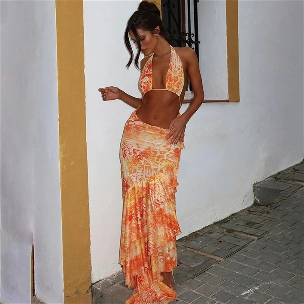 

Tie Dye Women Mini Dress Stunning Sexy Incline Shoulder Hollow Cleavage Appliques Tassel Bodycon Mujer Coquette Y2K Frock
