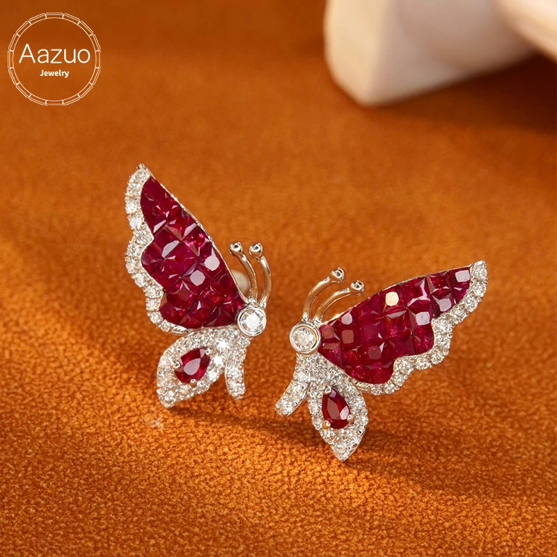 

Aazuo High Jewelry 18k Gold Natural Ruby Real Diamonds Luxury Butterfly Stud Earrings Gifted For Women Engagement Wedding Party