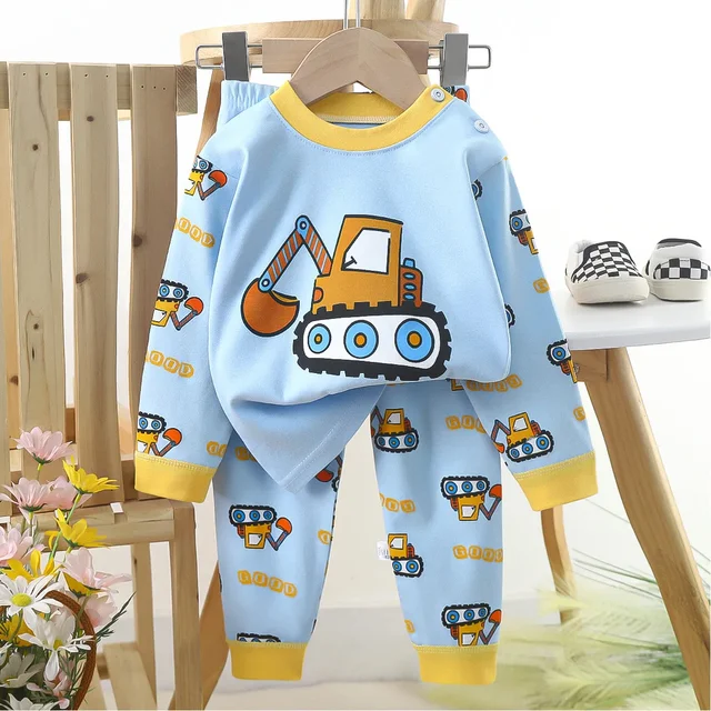 Dzieci Chłopcy Casual Ciepła bawełniana piżama Cute Cartoon Bear Koszulka z długim rękawem Topy + Spodnie Nowe dzieci Jesienne zestawy odzieży do spania