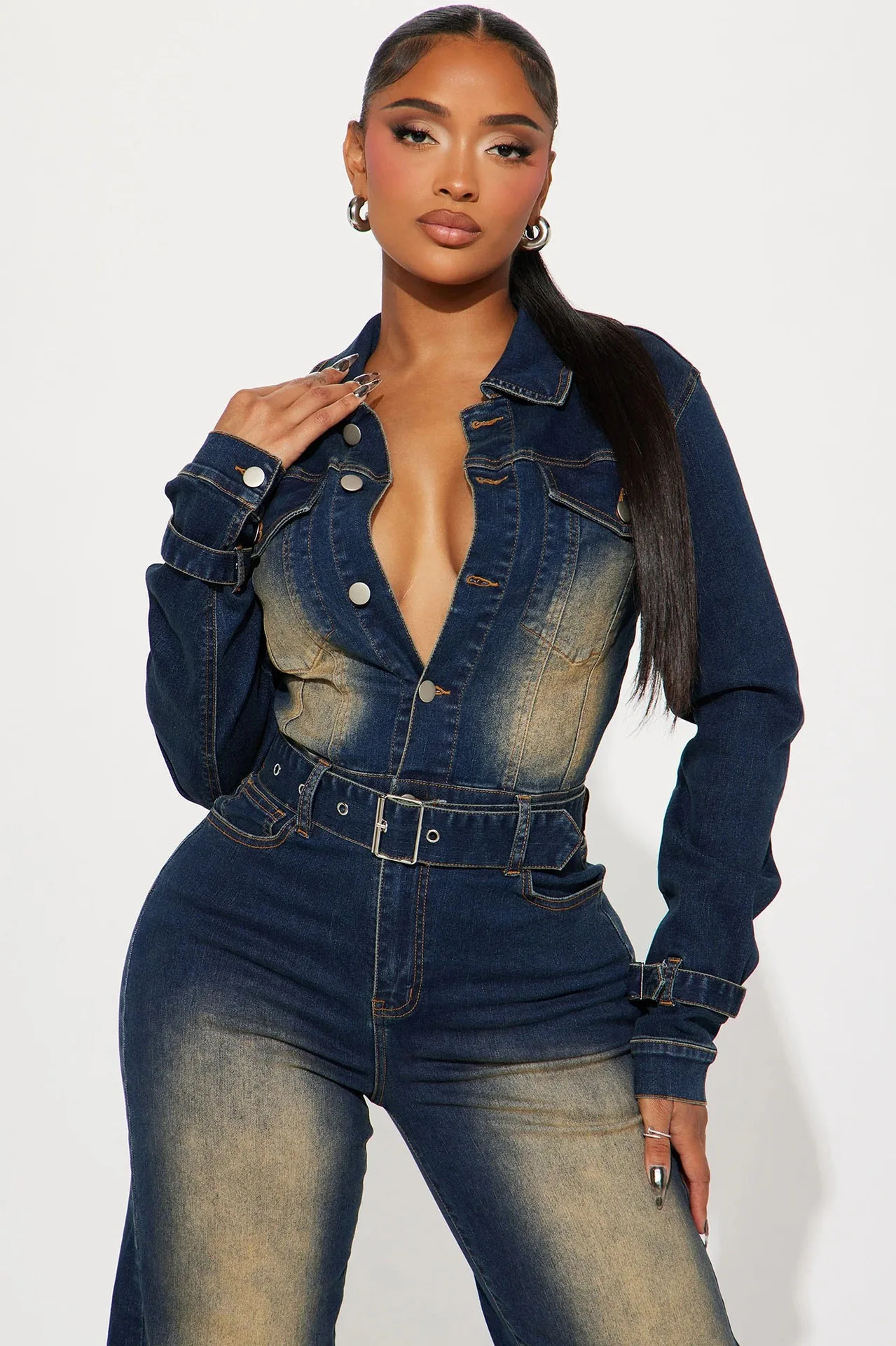 Vrouwen Jumpsuits Herfst Winter Mode Slanke Lange Mouw Denim Jumpsuit Met Riem Streetwear Casual Lady Rechte Jeans Jumpsuits