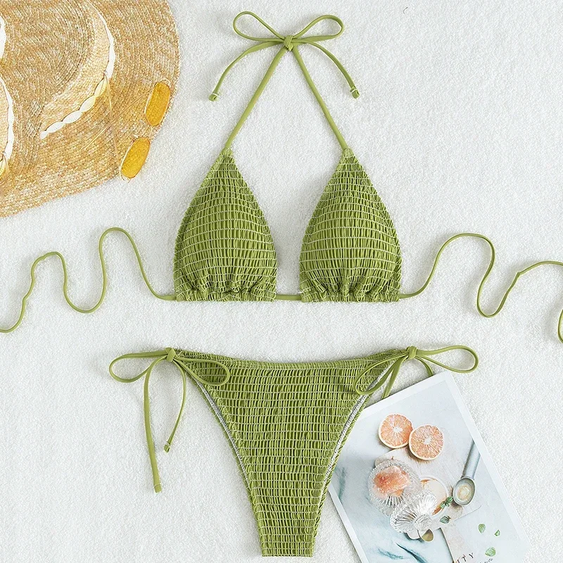 Sexy Green String Halter Micro Triangle Bikinis Set Mujer Thong Swimsuits Women Wrinkled Swimwear Lace-up Bathing Suits Biquinis