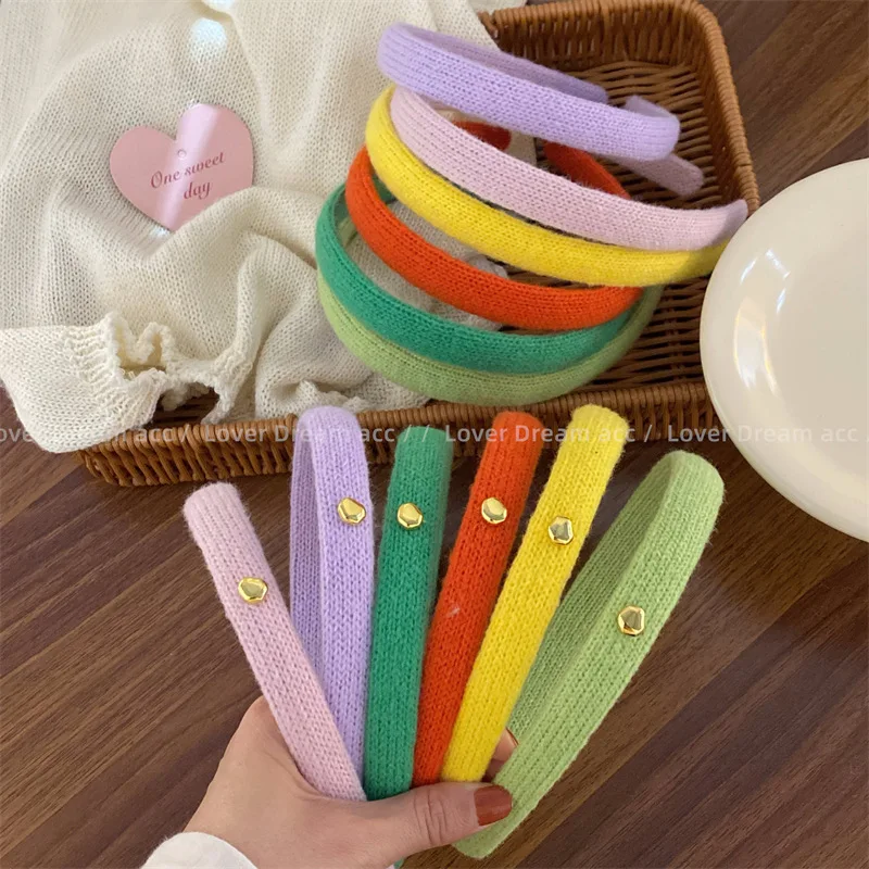 Korean New Gold & Small Beans Color Knitted Wool Headband Sweet Cute Narrow Version Headband Headdress Hair Accessories