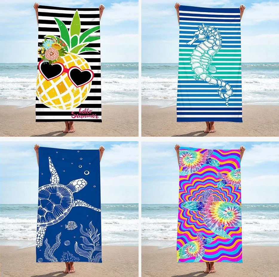 Summer Pineapple Seahorse Sea Turtle Print Polyester Beach Towel Quick Dry Sand Free Bath Towel for Pool Travel Vacation