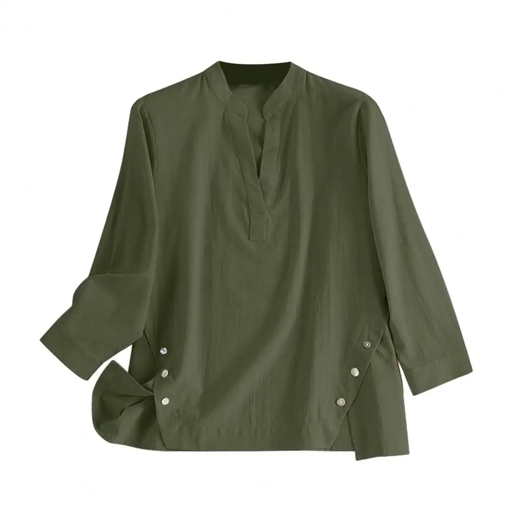 

Comfortable Cotton Linen Top Vintage Button Decor Stand Collar Women's T-shirt with Irregular Split Hem Soft Casual for Spring