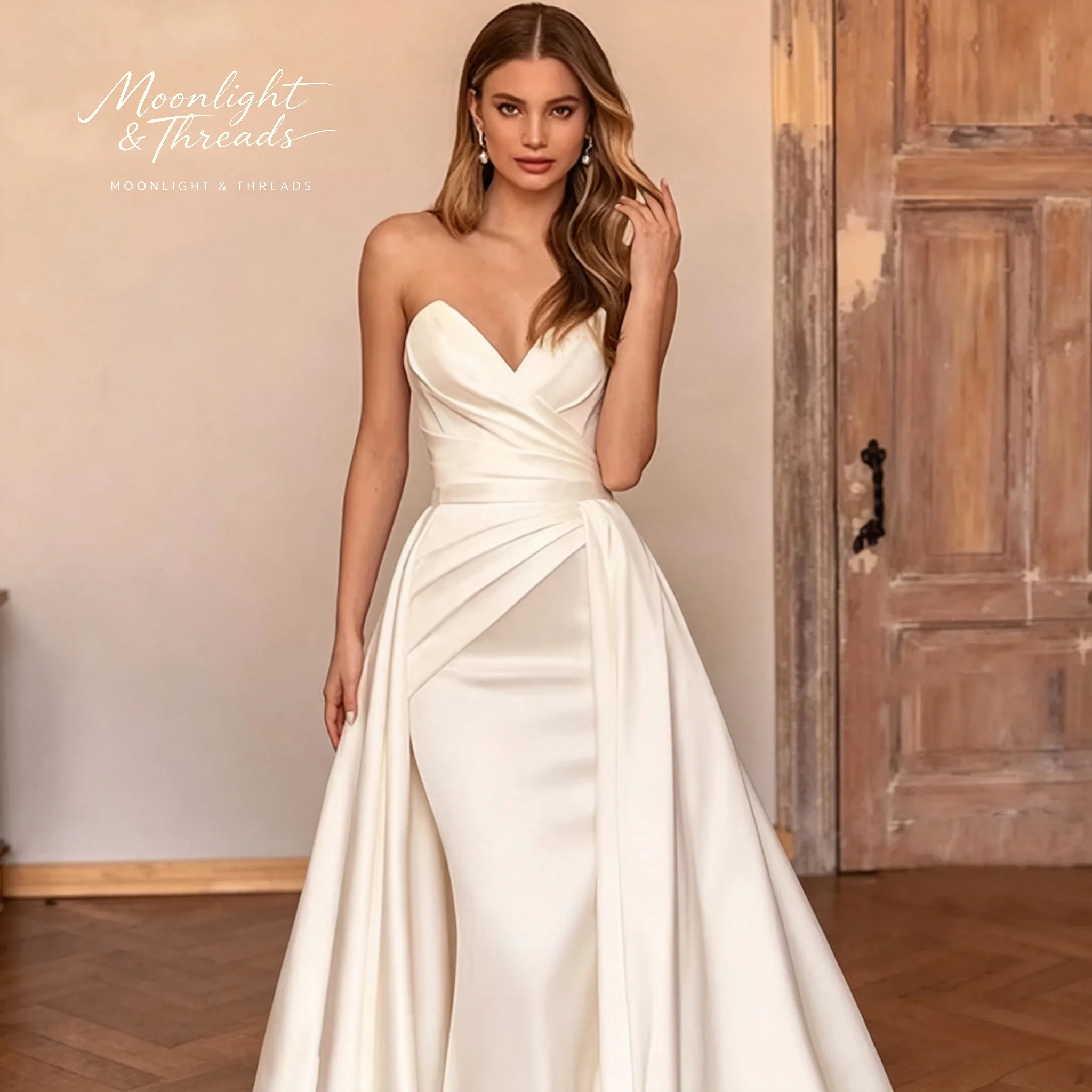 High Couture A‑Line Bridal Wedding Dress Strapless Deep V Cross Twisted Draped Satin Chapel Train Gown