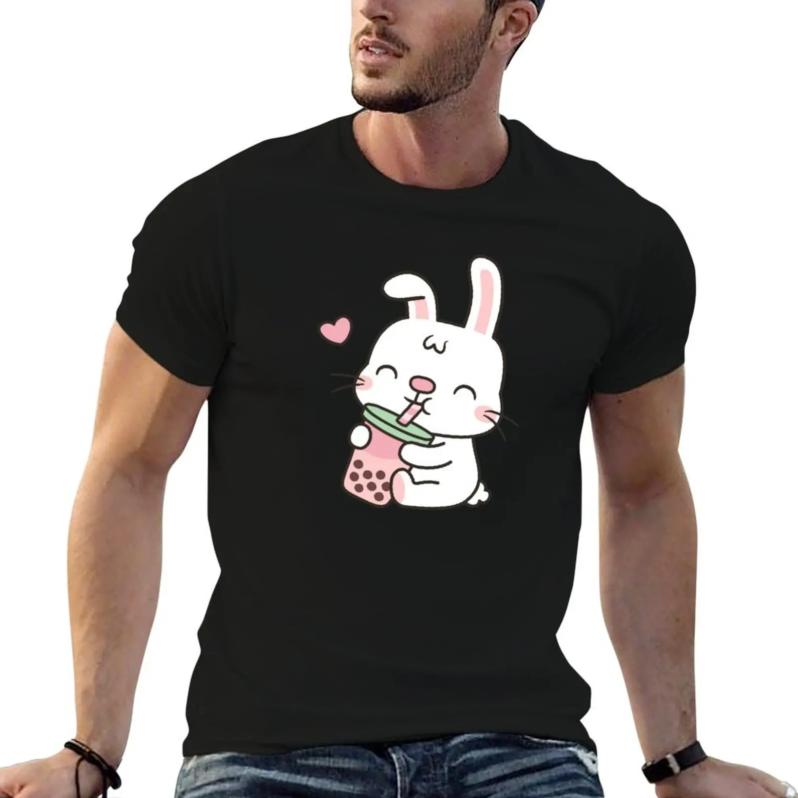 

Cute Little White Bunny Enjoying Boba Tea T-Shirt g man t shirts for men t shirts for man cotton soft T-Shirt