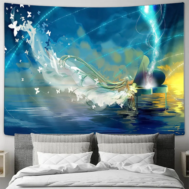 Fantasy Piano with Flying Butterflies and Light Trails Wall Tapestry Machine Washable All Season Decor Print Home Quick Setup