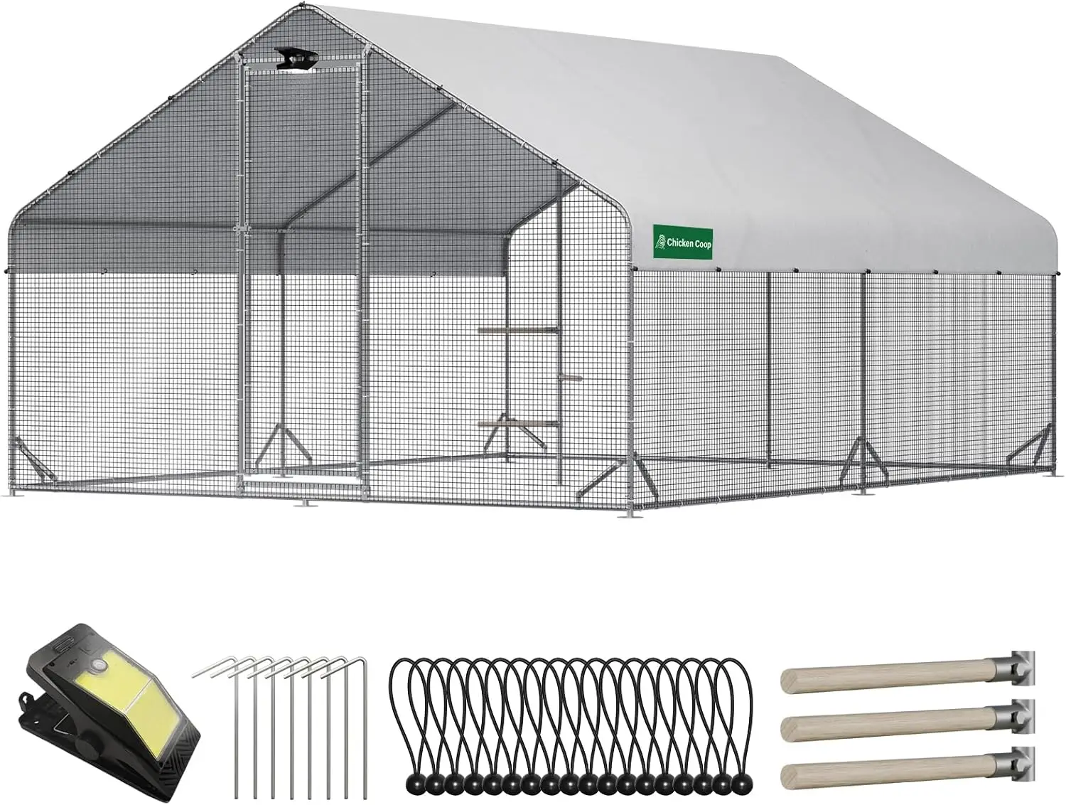 

Large Walk-in Metal Chicken Coop with Chicken Run & Hardware Cloth, Solar Light, Waterproof & UV-Resistant Cover,2 Room