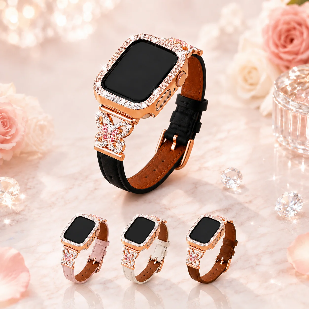 Armband + Hülle für Apple Watch 40/41/44/45/42/46 mm, modisches Schmetterlings-Lederarmband + Diamant-Hülle für Damen, iWatch-Serie 11, 10, 987654 SE
