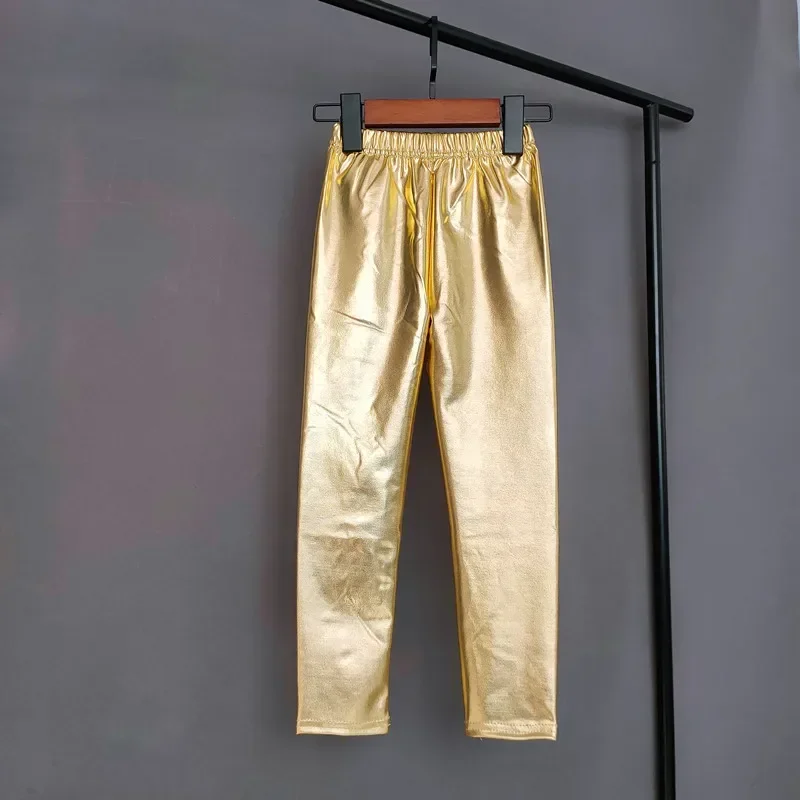 Gold Silver Legging Kids Pants Girls Spring Autumn Children Elastic Faux Leather Leggings Skinny Pencil Pants Girl Leggings