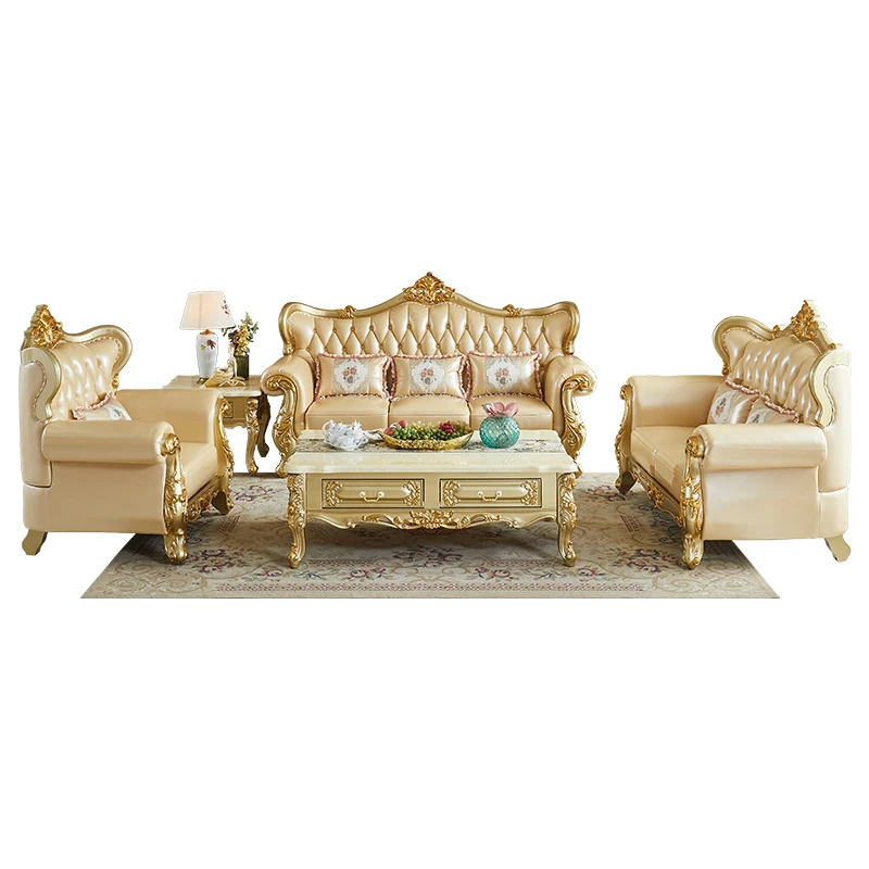 

European leather sofa 123 combination, villa living room European and American luxury solid wood carving flower furniture high-e