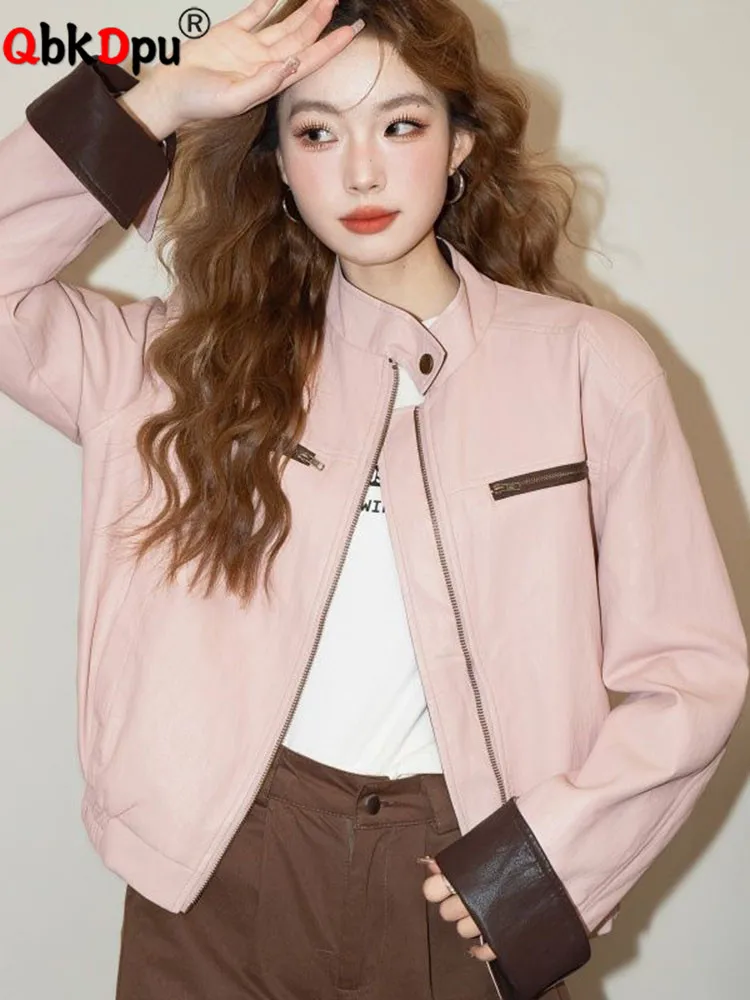 

Корейские модные свободные пальто, топы, женские повседневные дизайнерские молнии, розовая верхняя одежда, весенне-осенние лоскутные куртки с длинными рукавами, Blusas, новинка