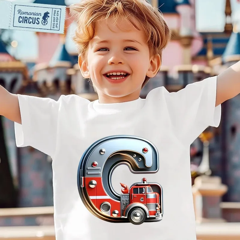 

Fun Letter A B C D Children's T-shirtT-shirt Fire Truck Cartoon Casual Boys Pure Cotton Short Sleeve Kawaii Girls' Clothing